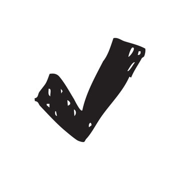 A hand-drawn black checkmark symbol with a rough, sketchy texture isolated on a white background.
