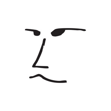 A simple, minimalist black line drawing of a face with a skeptical and judgmental expression on a white background.