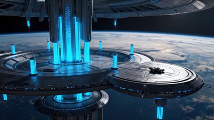 Fototapeta premium Futuristic space station orbiting planet