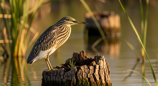 Striated heron perched on a wooden stump in water.