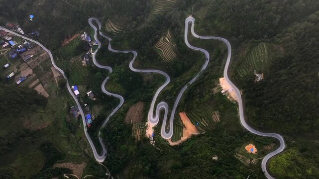 Ha Giang Loop. Picturesque curvy Pass on QL4C Mountain Road in Northern Vietnam. Chin khoanh ramp, UNESCO world heritage