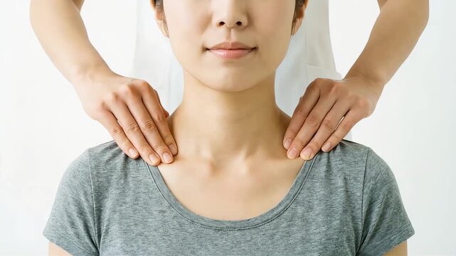 施術者から首筋と鎖骨周りのマッサージを受ける女性の正面