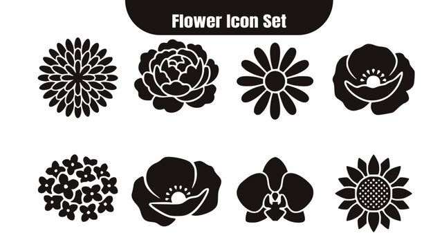 Flat Flower Icon Set - Collection of Black Floral Silhouettes for Design.