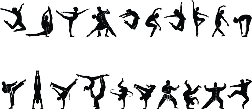 Dance and Martial Arts Silhouette Collection with Ballet Acrobatics Yoga and Fitness Action Vector Illustrations