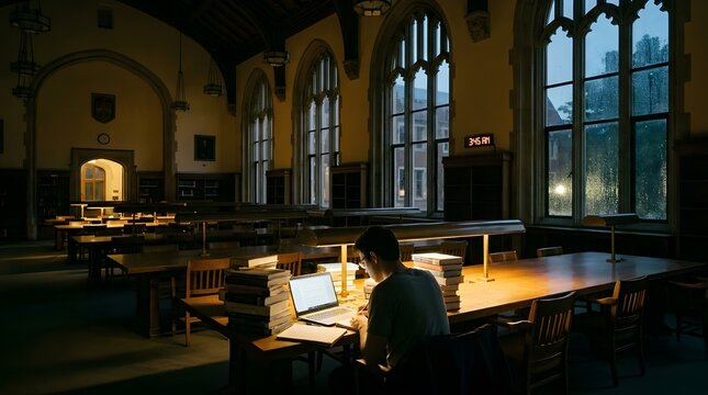 Student studying late at night in historic university library