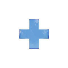 Fototapeta premium Polished translucent blue sapphire cross floating above a white background, soft diffused light and ethereal rim glow, minimalist medical innovation atmosphere