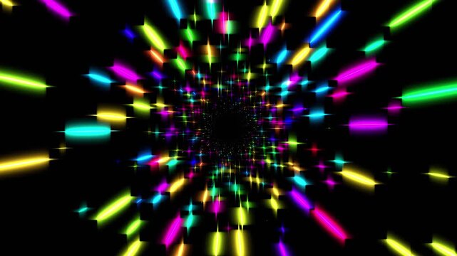 Space speed background animation with neon laser beams on black, 3D abstract science fiction hyperspeed background, 4k computer graphics animation.