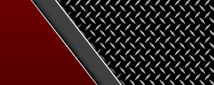 Red and black background with diamond plate pattern, abstract industrial metal banner.