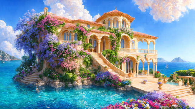 Beautiful Greek house surrounded by flowers, Mediterranean style landscape, painted with acrylics on canvas.