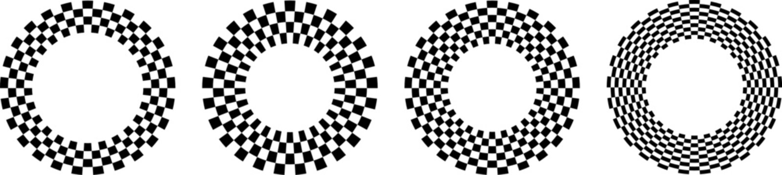 Round frames with black and white checkerboard pattern, set of circular borders featuring race flag or chessboard designs isolated.