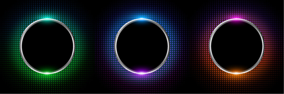 Colorful round shape buttons with neon halftone glow on black background.