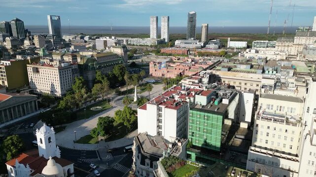 Aerial view of Casa Rosada and Plaza de Mayo with Buenos Aires waterfront, Argentina