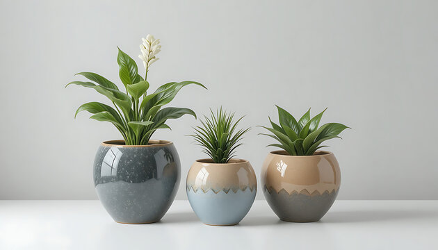 Three potted plants on a white surface, with a gray background, pots green plants ceramic pots