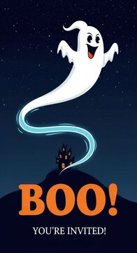 Spooky Ghost Invitation with BOO Text and Night Sky Background.