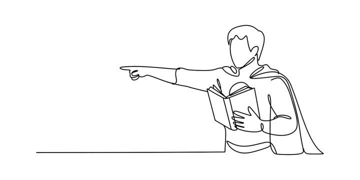 Man in superhero cape holding book and pointing finger, one line drawing Vector, illustration