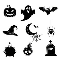 Obraz premium Spooky Halloween Icons - Pumpkin, Ghost, Bat, Witch Hat, Moon, Spider, Cauldron, Skull, Tombstone.