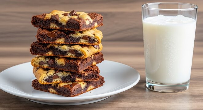 Freshly baked brookies stacked neatly on a white ceramic plate next to a tall glass of cold milk, set against a rustic wooden background, brownie, brookies, sweet