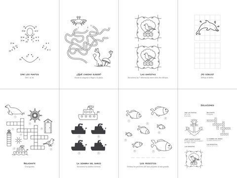 Set of 7 kids sea activity games, Spanish language, educational worksheet, vector illustration, No. 1.
