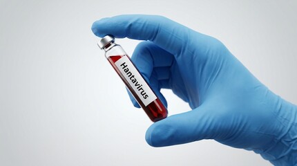 Obraz premium Gloved hand holding a Hantavirus sample vial, symbolizing viral research and global disease control efforts