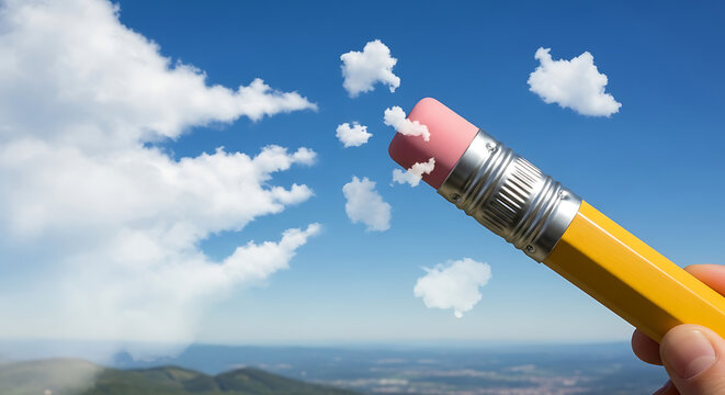 Hand holding yellow pencil with pink eraser erasing fluffy white clouds from blue sky as conceptual metaphor for weather control and clear thinking.