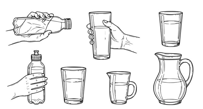 Collection of hand drawn drinking water elements including hands holding bottles, glasses, and pitchers, isolated on white background, detailed ink sketch vector illustration