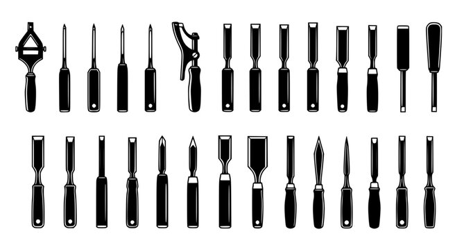 Detailed set of vintage wood carving chisels and professional carpentry hand tools silhouettes isolated on white background for woodworking and craft design projects