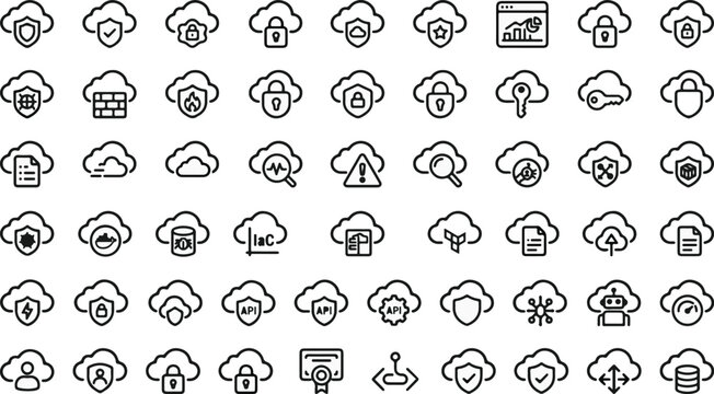 Cloud computing icons, security symbols, data storage logos, network connection signs, 40 cloud service illustrations