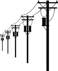 Obraz premium Silhouette of multiple utility poles with transformers and power lines receding into distance electricity
