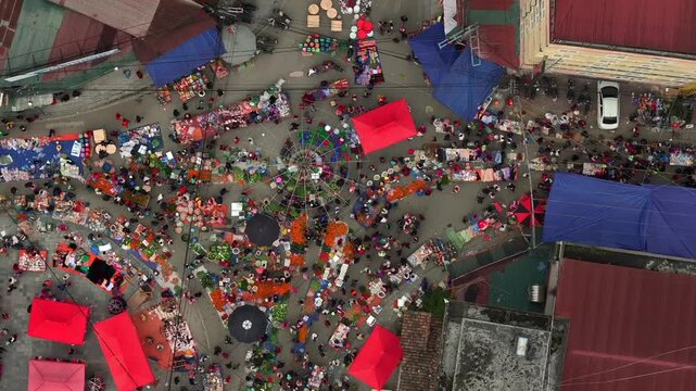 Hmong Market in Meo Vac, Dong Van District, Ha Giang Province, Vietnam. A market on weekends, ethnic minorities. Aerial
