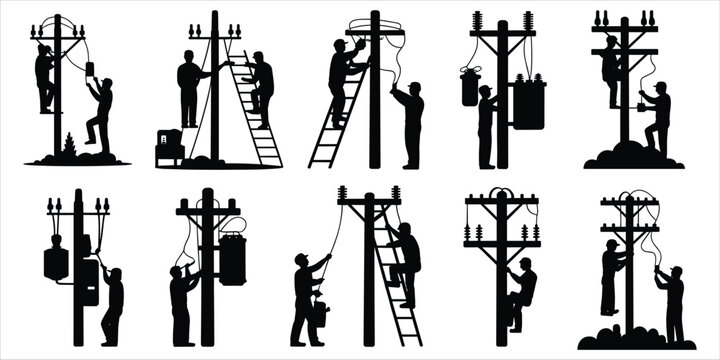 Ten silhouette illustrations of linemen working on utility poles with ladders and tools lineman electrician