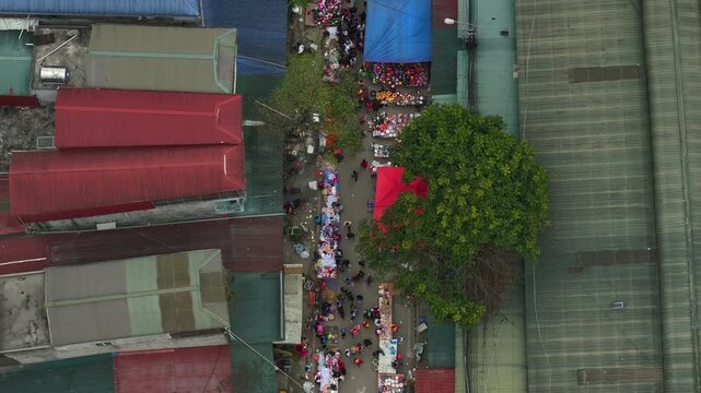 Hmong Market in Meo Vac, Dong Van District, Ha Giang Province, Vietnam. A market on weekends, ethnic minorities. Aerial