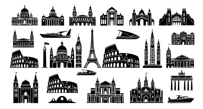 Collection of iconic world landmark silhouettes featuring the Eiffel Tower, Colosseum, cathedrals, and luxury yachts, rendered in detailed black vector graphic style art.