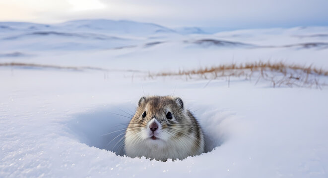 Lemming peeking out of a burrow in winter snow.