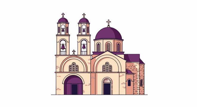 Stylized illustration of a church with purple domes and bells