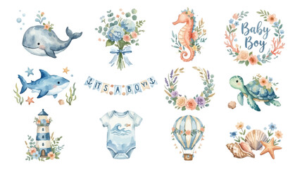 Nautical baby boy watercolor clipart set with ocean animals. Collection of Vector illustrations for invitation, card, poster, banner, decoration © maria