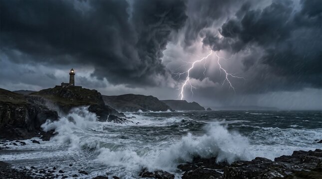 Dramatic lightning strike over coastal lighthouse, stormy ocean waves crashing on rocky shore, dark thunder clouds during powerful sea storm