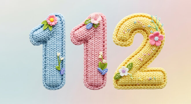 Knitted Numbers 112 with Flowers and Sprinkles, Pastel Yarn, Cute Craft Style for Birthdays, Anniversaries, or Special Occasions