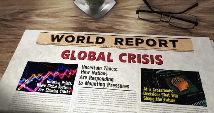 Global crisis daily newspaper on table. Headlines news abstract concept 3d.