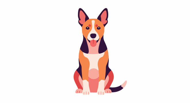 Stylized dog with tri-color fur, panting with tongue out