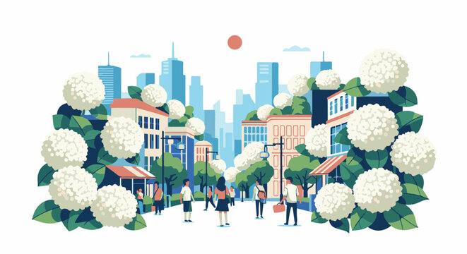 Stylized city street scene with large white flowers framing buildings and people