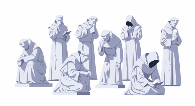 Stone figures of robed monks in contemplation and prayer
