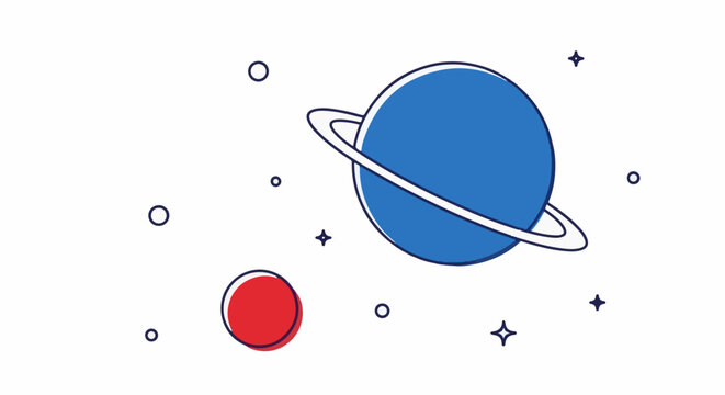 Stylized blue planet with rings and a small red planet amidst stars