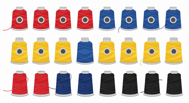 Spools of red, yellow, blue, and black thread arranged in rows
