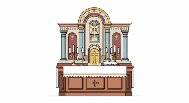 Stylized altar with stained glass window, cross, candles, and open book