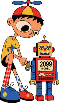 Boy winding up a retro robot toy