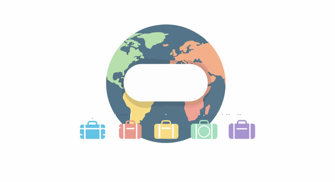 Stylized globe with a blank oval space and colorful travel bags below