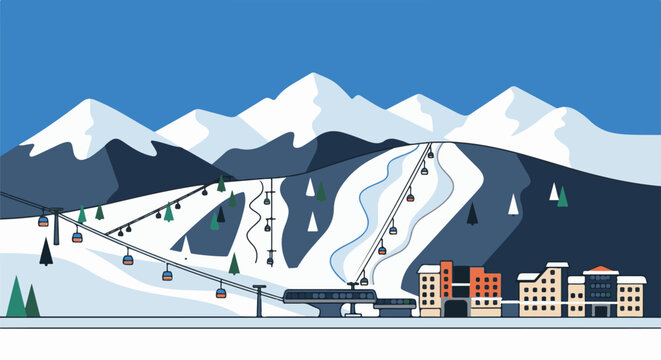 Snowy mountain ski resort with ski lifts and buildings