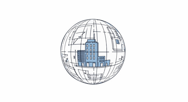 Stylized globe with blueprints and buildings in light blue