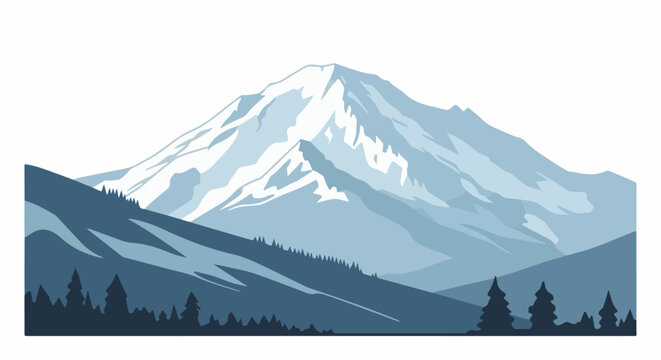 Snowy mountain range with evergreen trees in foreground and midground