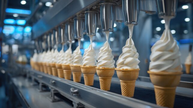 Automated production line creating rows of soft serve ice cream cones with creamy swirls in a modern factory setting under bright blue lighting conditions